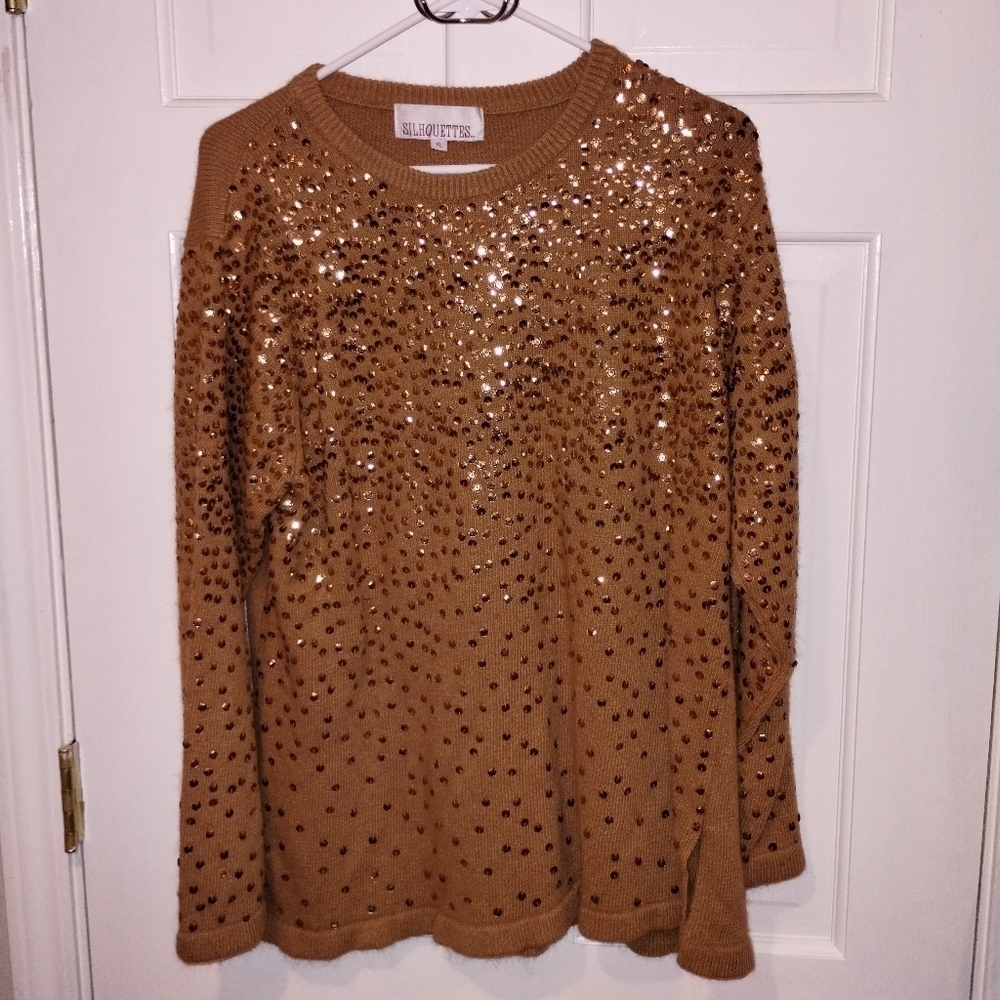 Silhouettes woman's gold sparkle long sleeve sweater. XL